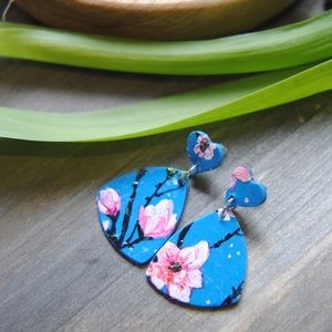 Hand painted Magnolia blossom polymer clay drop earrings